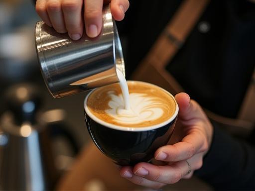 En fokusert barista som heller steamet melk med presisjon for å lage latte art i en kopp.