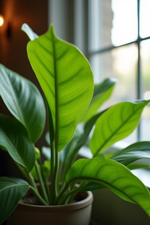 Detaljbilde av en grønn plante ved et vindu i kafeen, med mykt lys som strømmer inn.
